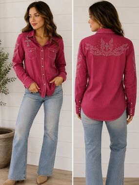 Ariat Embroidered Pink Western-Style Button-Up Shirt Womens Large